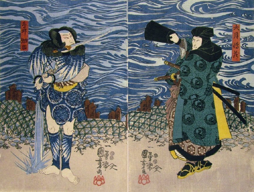 ♦美人花見 上杉武田川中島決戦図 輸出用飾り壷 薩摩 九谷焼 京薩摩横浜 骨董品 一蘭斎国綱 信州川中嶋武田上杉和睦図 三枚続／UTAGAWA